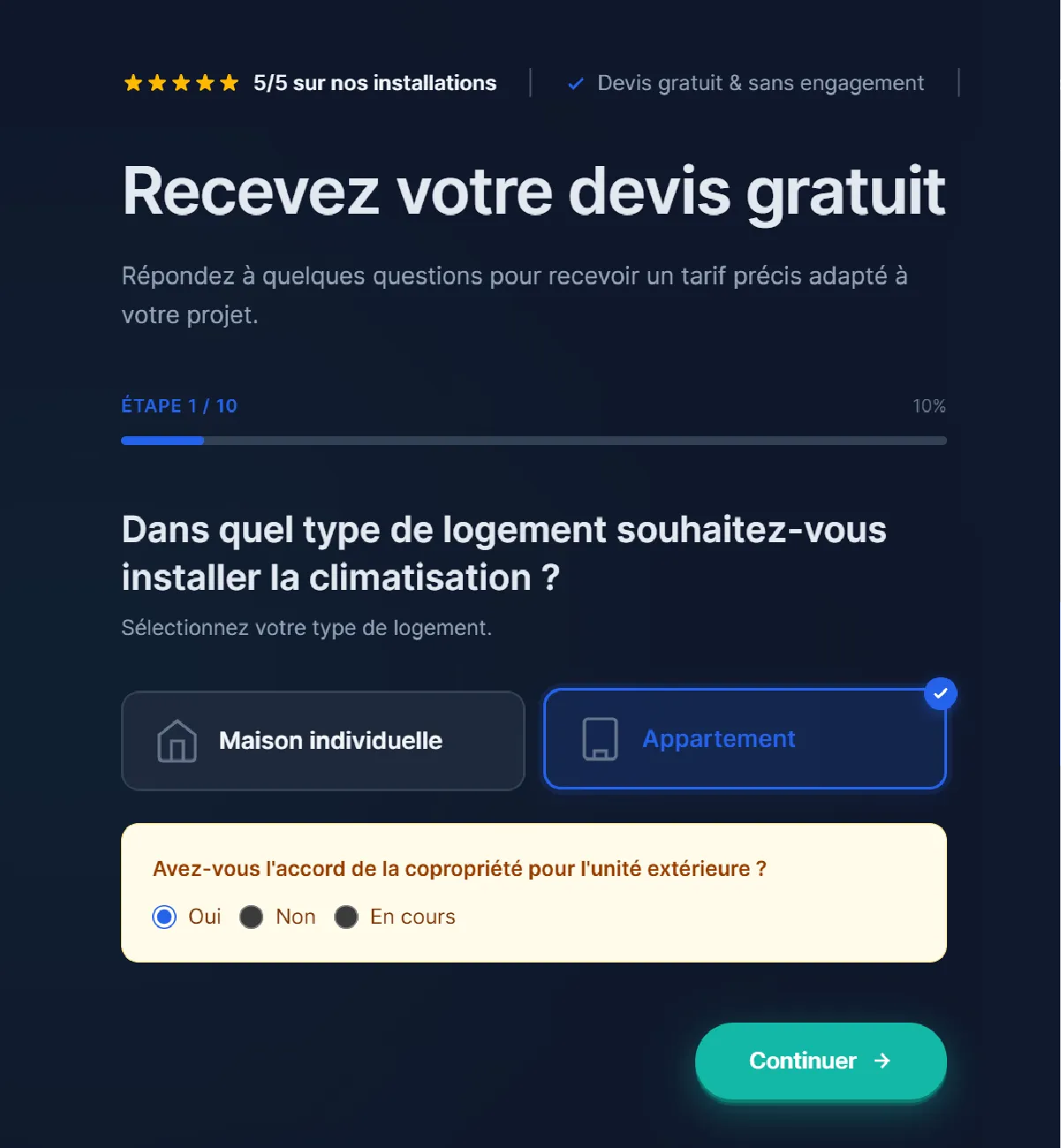 Interface du formulaire de demande pour une installation de climatisation