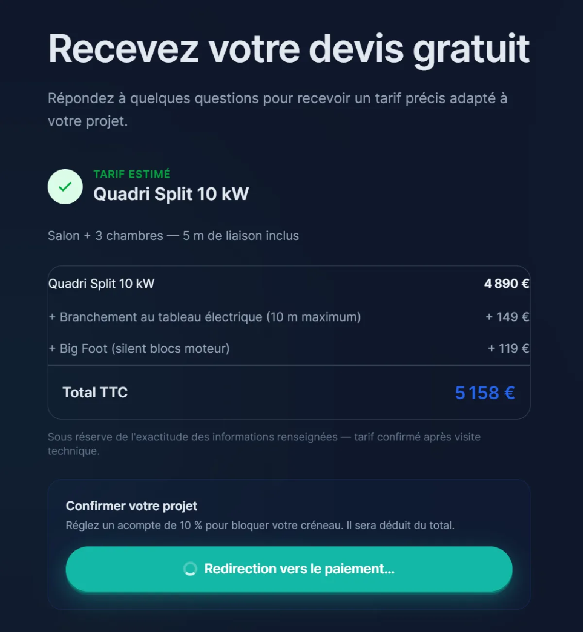 Parcours mobile de paiement pour une installation de climatisation
